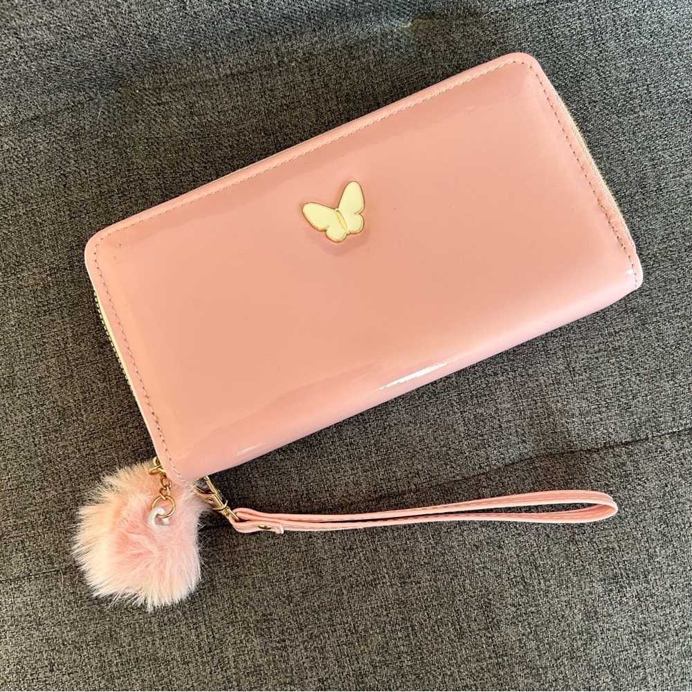 Pink Patent Butterfly Double Zip Around Wallet / Wristlet with Pom Pom Charm